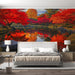 Papier peint paysage automnal avec feuillage rouge et lac tranquille pour chambre moderne
