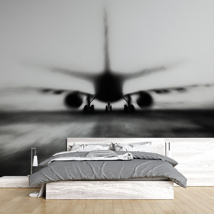 Papier peint abstrait avec silhouette floue d'un avion sur la piste pour chambre moderne