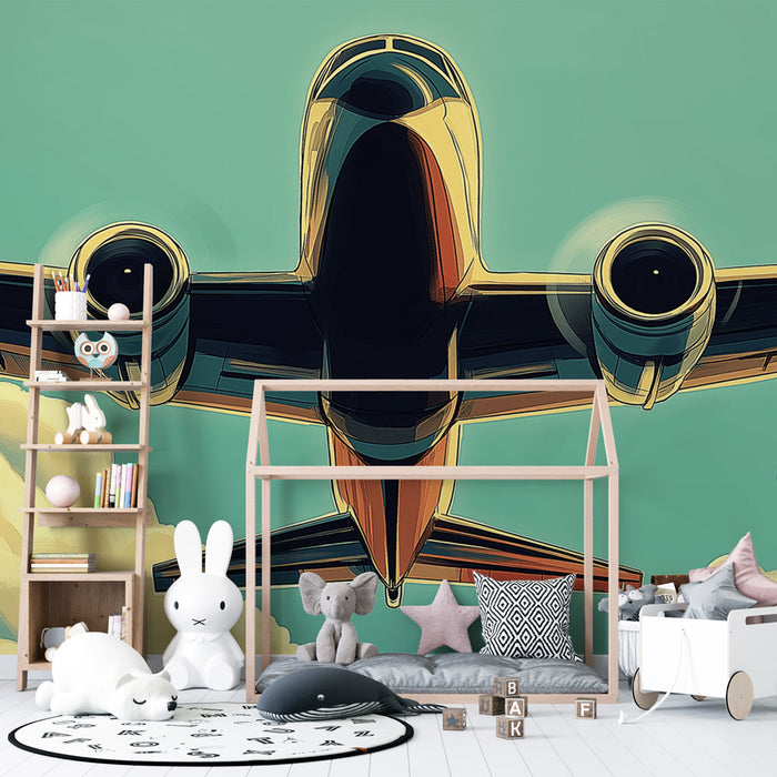 Papier peint avion stylisé avec nuages pour chambre d'enfant moderne