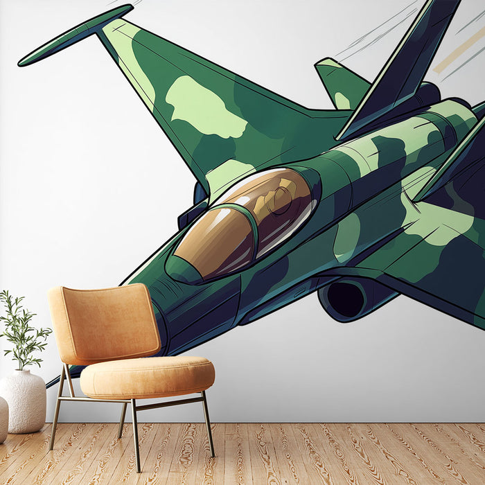 Papier peint avion de chasse camouflage avec motifs stylisés pour chambre d'enfant aventurier