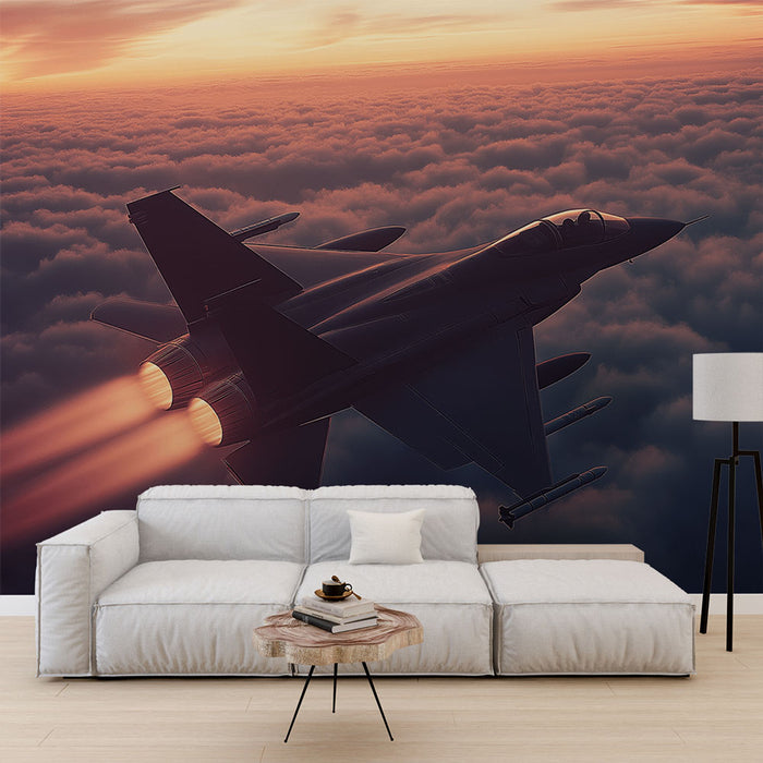 Papier peint avion de chasse en vol au-dessus des nuages au coucher de soleil pour salon moderne.