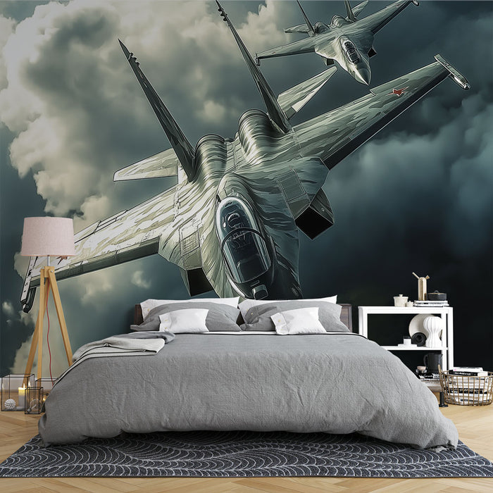 Papier peint avion de chasse furtif dans un ciel nuageux pour chambre moderne