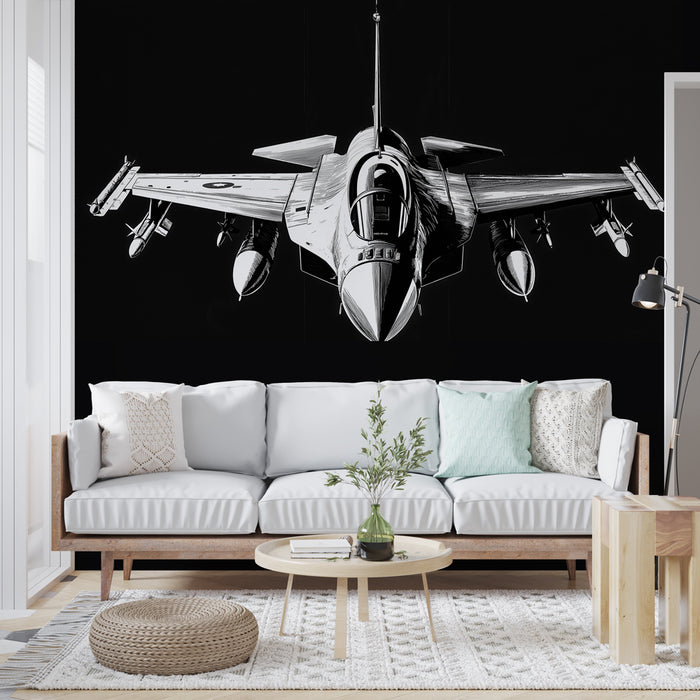 Papier peint avion de chasse noir et blanc avec illustration stylisée pour salon moderne