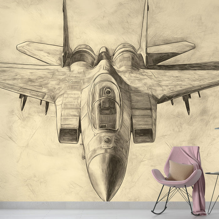 Papier peint artistique avec illustration d'avion de chasse en vue aérienne pour décoration murale moderne.