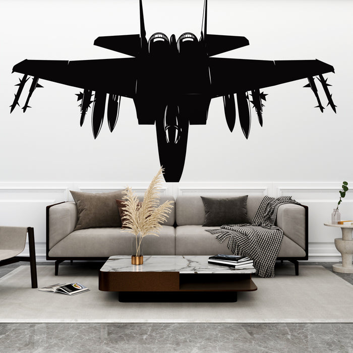 Papier peint silhouette avion de chasse noir pour salon moderne et élégant.