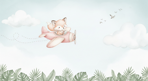 Papier peint avion et renard Un renard mignon pilotant un petit avion dans un ciel apaisant