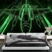 Papier peint design futuriste avec avion linéaire et effets lumineux verts pour chambre moderne
