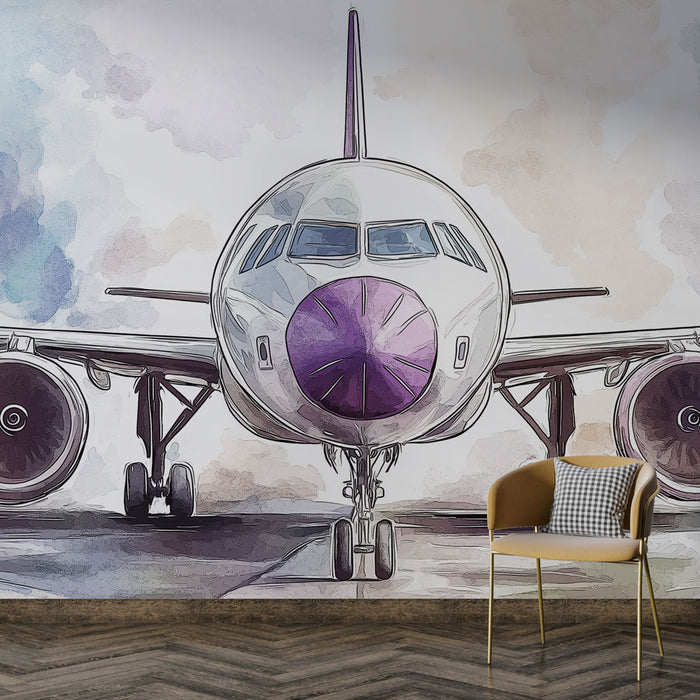 Papier peint avion avec illustration colorée d'un avion en vol pour décoration murale moderne.