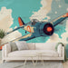 Papier peint avion vintage avec illustration d'un avion de chasse dans le ciel pour salon moderne.