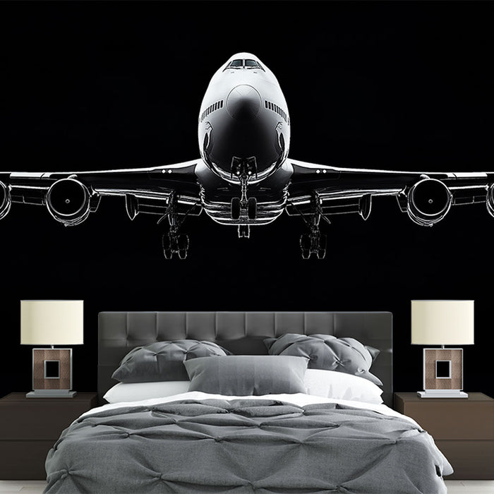 Papier peint avion silhouette élégante d'un avion en vol sur fond noir pour chambre moderne