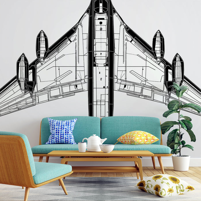 Papier peint graphique avion noir et blanc pour salon moderne.