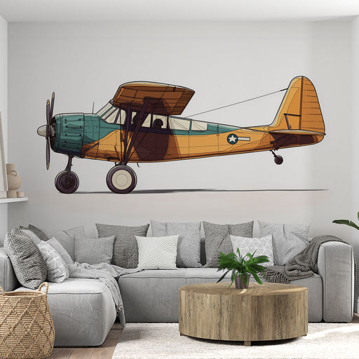 Papier peint vintage avec avion rétro aux couleurs vives pour salon moderne.