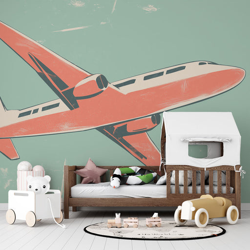 Papier peint vintage avec illustration colorée d'un avion en vol pour chambre d'enfant.