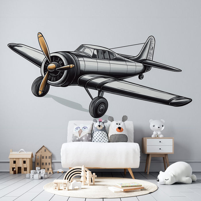 Papier peint avion vintage avec illustration d'un avion classique à hélices dorées pour chambre d'enfant.