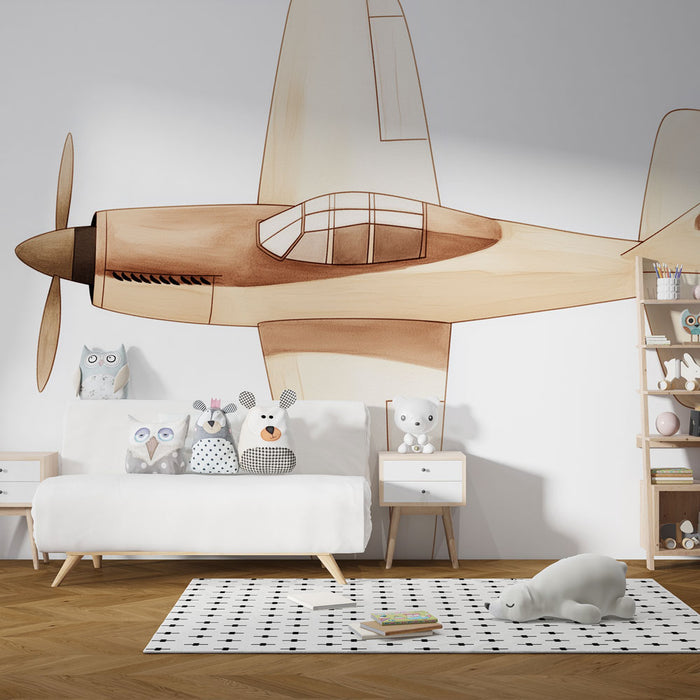 Papier peint avion vintage avec illustration d'un avion en bois pastel pour chambre d'enfant.