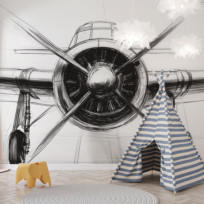 Papier peint vintage avec illustration stylisée d'un avion à hélices pour chambre d'enfant aviateur.