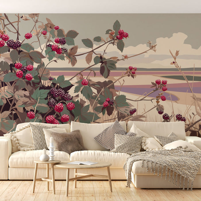 Un salon lumineux avec un papier peint représentant des ronces de mûres aux teintes douces, créant une atmosphère chaleureuse et naturelle.