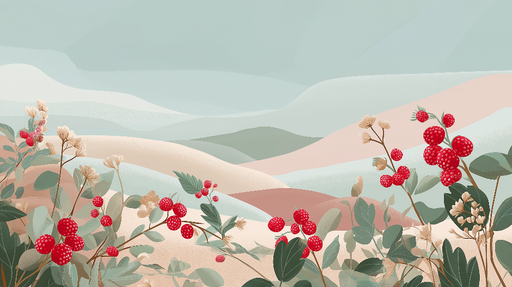 Papier peint baies et paysages Un panorama doux avec des baies rouges et des collines pastel