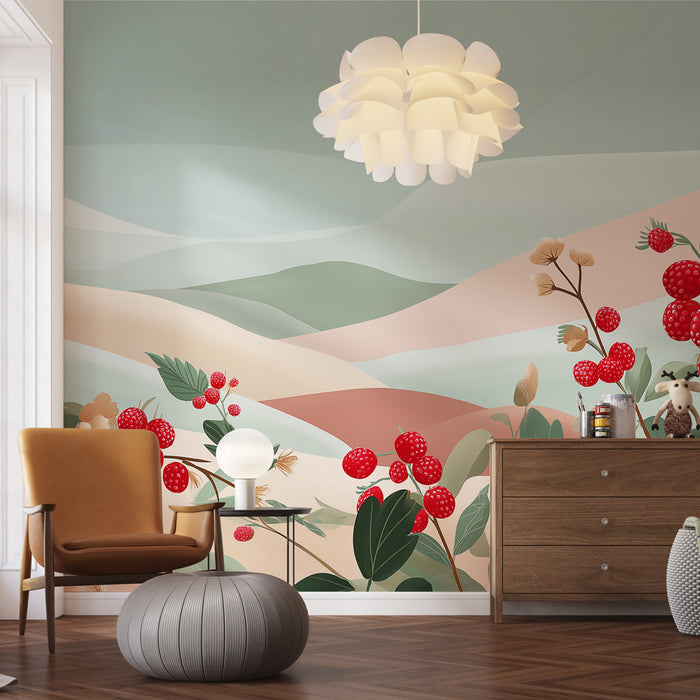 Une chambre moderne avec un papier peint aux motifs abstraits de collines pastel et de baies rouges, créant une ambiance douce et accueillante.