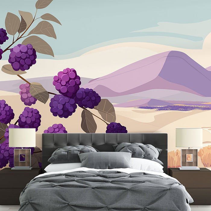 Une chambre moderne avec un papier peint illustrant des grappes de raisin violettes sur un fond pastel évoquant une ambiance douce et apaisante.