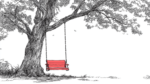 Papier peint balançoire sous un arbre Illustrations de nature en noir et blanc avec touche de rouge