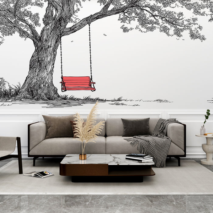 Un salon moderne avec un papier peint illustrant un grand arbre et une balançoire rouge, créant une ambiance ludique et chaleureuse.