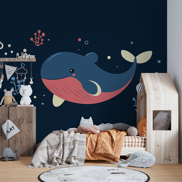 Papier peint baleine | Adorable motif de baleine avec fonds marins colorés
