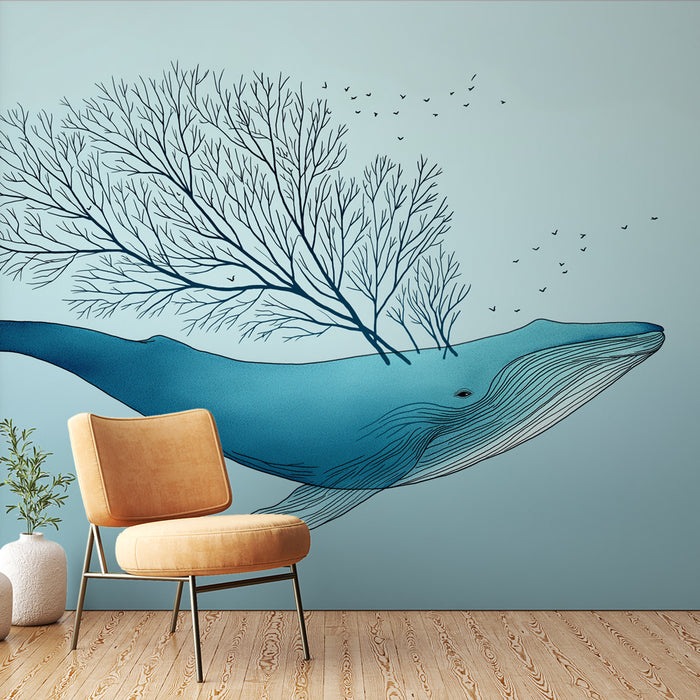 Une pièce moderne avec un papier peint illustrant une baleine stylisée en bleu, ornée de branches et d'oiseaux, créant une atmosphère apaisante et artistique.