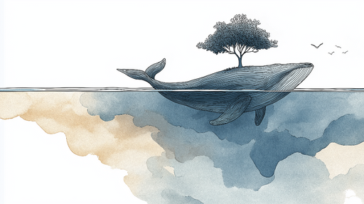 Papier peint baleine Baleine majestueuse avec un arbre au-dessus de l'eau dans des tons aquarelle