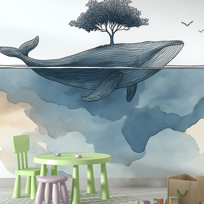 Une chambre d'enfant avec un papier peint illustrant une baleine stylisée sous l'eau, entourée de teintes bleues et beige, évoquant une atmosphère douce et imaginative.