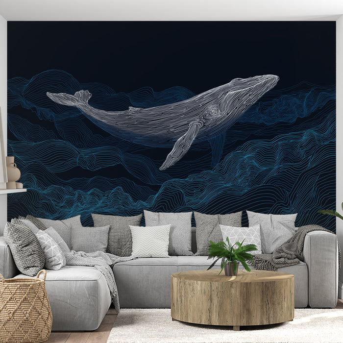 Un salon moderne avec un papier peint représentant une baleine stylisée en lignes blanches sur fond noir, évoquant une atmosphère marine apaisante et contemporaine.