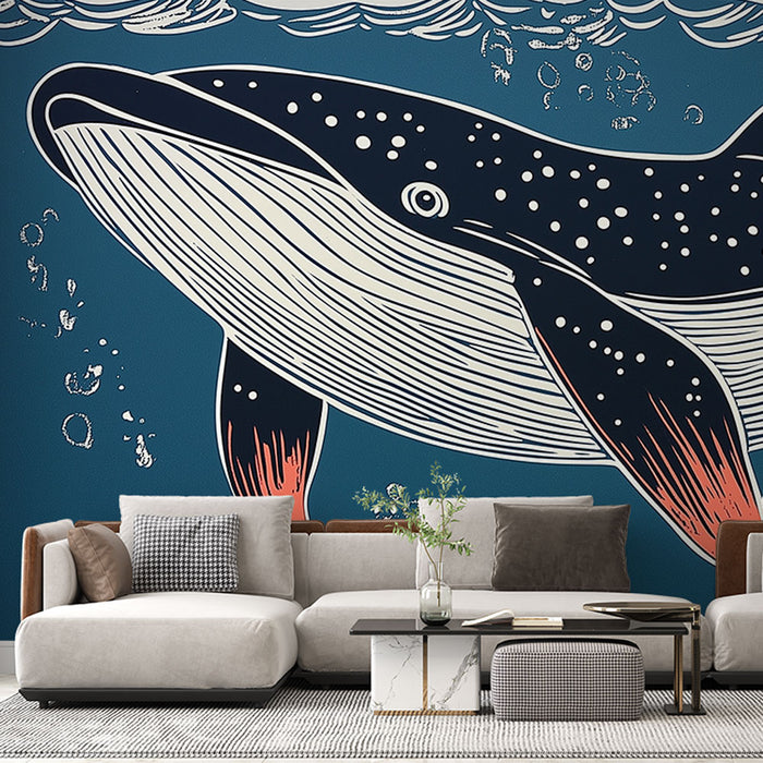 Papier peint baleine | Illustration artistique d'une baleine majestueuse dans un océan bleu