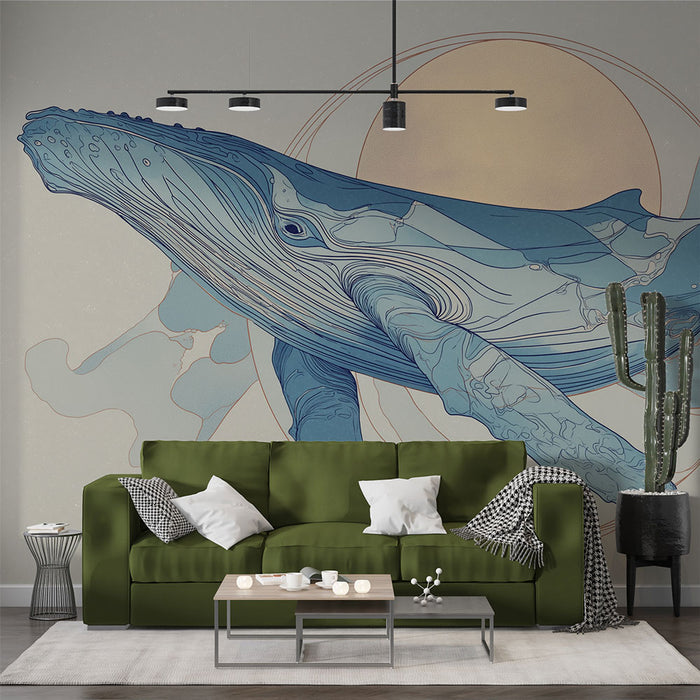 Un salon moderne avec un papier peint représentant une baleine stylisée en bleu sur fond clair, évoquant une ambiance apaisante et marine.