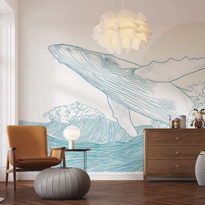 Une pièce moderne avec un papier peint représentant une baleine stylisée sur fond clair, dégageant une ambiance apaisante et marine.