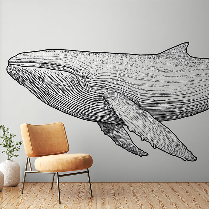 Papier peint baleine | Illustration délicate d'une baleine à la ligne épurée