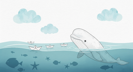 Papier peint baleine Illustration douce d'une baleine nageant dans des eaux calmes
