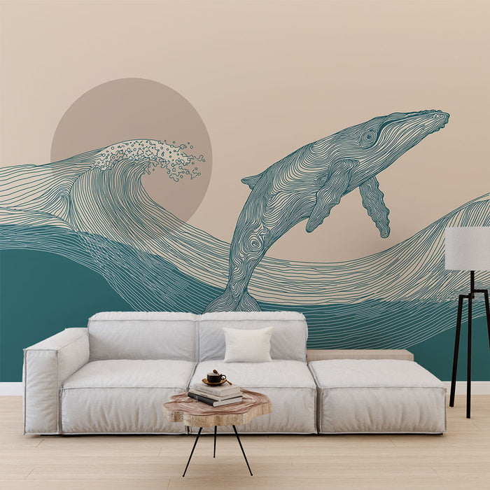 Une pièce moderne avec un papier peint illustrant une baleine sautant au-dessus de vagues stylisées, créant une ambiance marine apaisante et artistique.