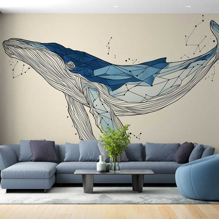 Un salon moderne avec un papier peint représentant une baleine stylisée en bleu et noir, créant une ambiance artistique et apaisante.