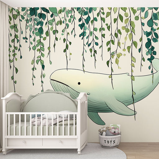 Une chambre d'enfant avec un papier peint illustrant une baleine douce entourée de feuillages délicats, créant une ambiance apaisante et ludique.
