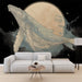 Un salon contemporain avec un papier peint illustrant une baleine majestueuse en vol, sur fond noir étoilé et lune dorée, créant une atmosphère poétique et rêveuse.