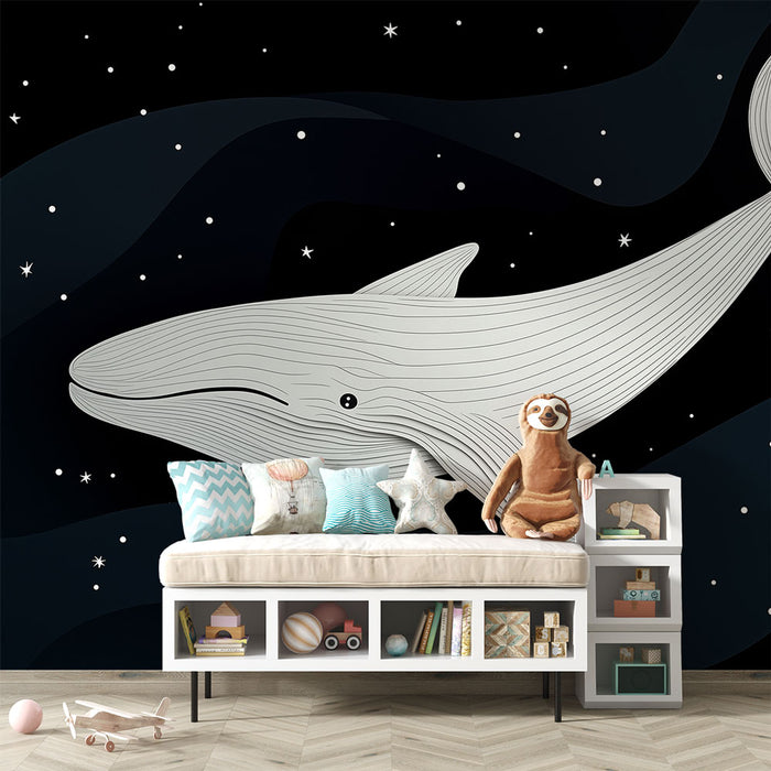 Papier peint baleine | Une baleine stylisée flottant dans l'espace nocturne