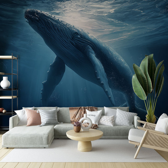 Un salon moderne avec un papier peint représentant une majestueuse baleine sous l'eau, créant une ambiance apaisante et immersive.