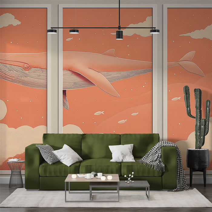 Un salon contemporain avec un papier peint illustrant une baleine sur fond corail, évoquant une ambiance marine et rêveuse.