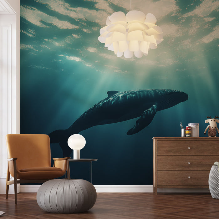 Papier peint baleine | Une majestueuse baleine nageant sous les rayons du soleil