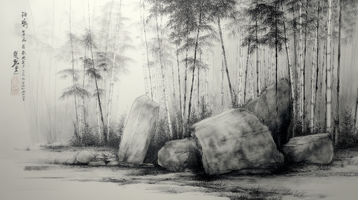 Papier peint bambou et rochers Paysage zen en noir et blanc