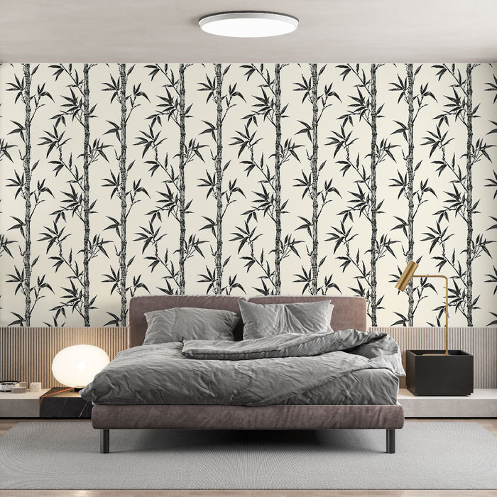 Une chambre moderne avec un papier peint représentant des tiges de bambou en noir sur fond crème, créant une atmosphère zen et apaisante.