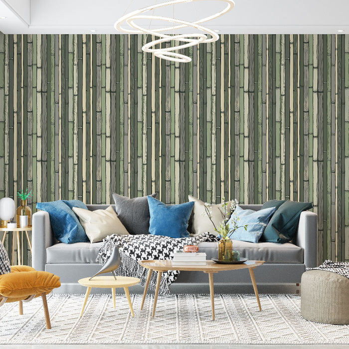 Un salon moderne avec un papier peint imitant des tiges de bambou aux teintes vertes et beiges, créant une ambiance naturelle et apaisante.