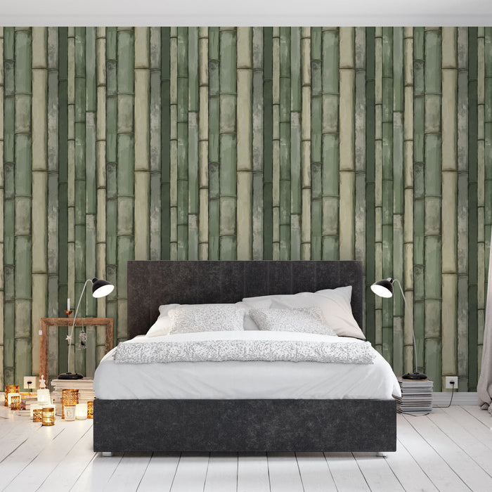 Une chambre moderne avec un papier peint imitant des tiges de bambou dans des nuances de vert, créant une atmosphère apaisante et naturelle.