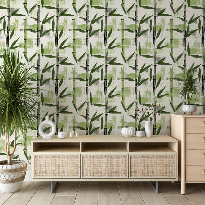 Une pièce moderne avec un papier peint représentant des tiges de bambou vertes sur fond clair, créant une ambiance apaisante et naturelle.