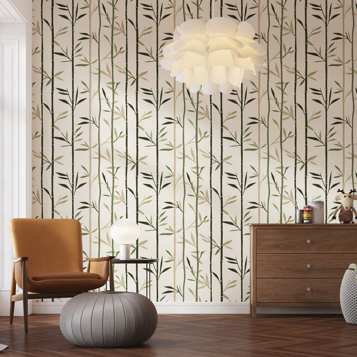 Une pièce moderne avec un papier peint représentant des tiges de bambou délicates sur fond clair, créant une atmosphère apaisante et naturelle.